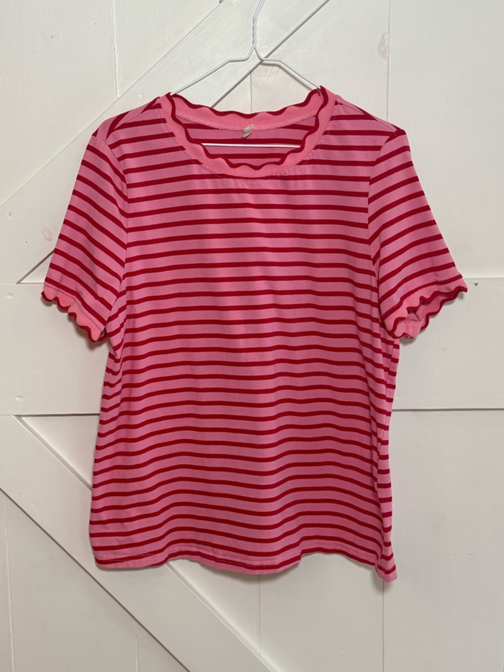 ASVIVID Pink Red Striped Top Large Scalloped Trim Short Sleeve
